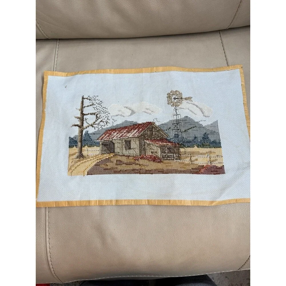 Vintage Large Embroidery Needlepoint 18x12 Crewel Yarn Art Barn And Windmill